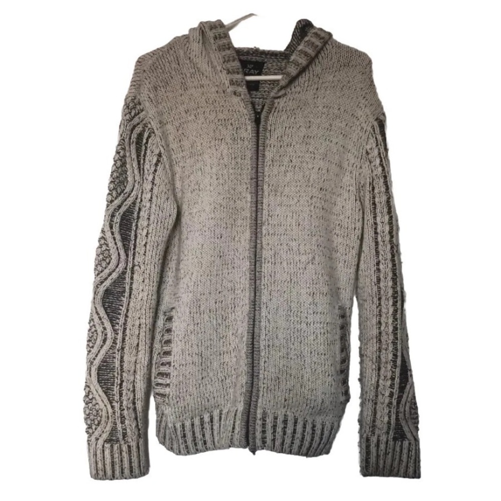 XRay Men's Large Slim Fit Gray/Black Sweater Hoodie Full Zip Knitted Jacket